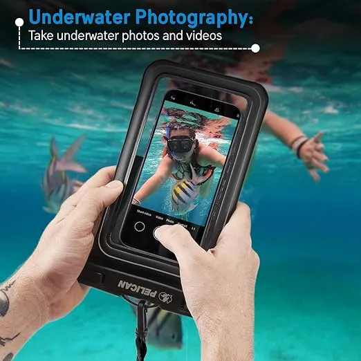 Pelican Marine - IP68 Waterproof Phone Pouch / Case (XL Size) - Floating Waterproof Phone Case For iPhone 16 Pro Max/iPhone 15 Pro/14 Pro Max/13 Pro/12/ S24 Ultra/ Pixel 9- Detachable Lanyard - Black
