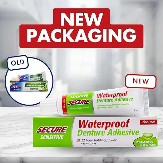 Secure Sensitive Gums Waterproof Denture Adhesive Zinc Free with Aloe Vera & Myrrh - Extra Strong 12 Hour Hold - 1.4 oz