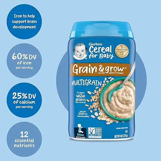 Gerber Baby Cereal 2nd Foods, Grain & Grow, Multigrain, 8 Ounces (Pack of 6)