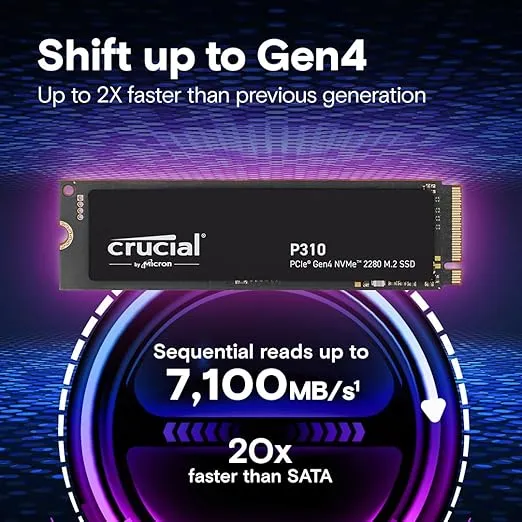 Crucial P310 2TB 2280 PCIe Gen4 3D NAND NVMe M.2 SSD – Up to 7,100 MB/s – Shift up to Gen4, with Acronis Offer, Internal Solid State Drive (PC) – CT2000P310SSD801