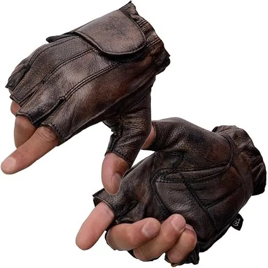 Milwaukee Leather MG7561 Men's Premium Brown Leather Gel Padded Palm Fingerless Motorcycle Hand Gloves