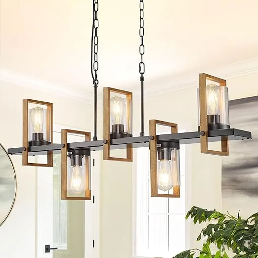Dining Room Light Fixture/Chandelier Over Table, 5-Light Kitchen Island Lighting, Hanging for Farmhouse Chandeliers Matte Black Rustic Wood Ceiling Pendant Light Fixtures, with Glass Shade, E12 Base