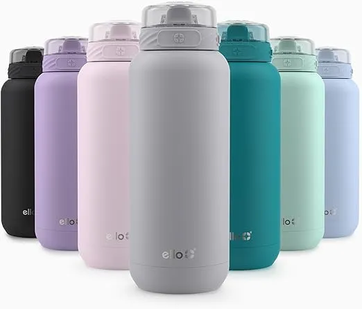 Ello Cooper 32oz Stainless Steel Water Bottle with Straw and Carry Handle, Double Walled and Vacuum Insulated Metal, Leak Proof Locking Lid with Soft Silicone Spout, Reusable, BPA Free, Grey