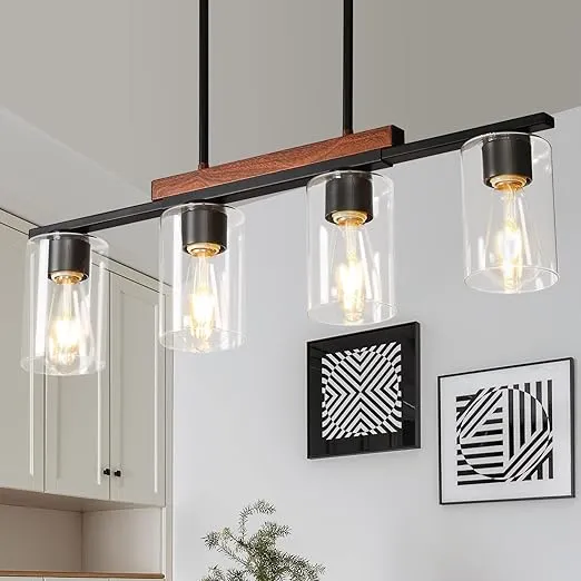 WILON Kitchen Island Lighting, 4 Light Dining Room Light Fixture Farmhouse Chandelier Pendant Lighting for Kitchen Island, Rustic Chandelier Black Modern Pendant Lighting with Clear Glass Shades