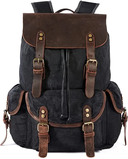 HuaChen Canvas Leather Backpack for Men Women,Vintage Travel Waxed Rucksack,Large Daypack for Laptop Bag (M80_Black)