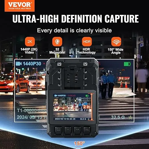 VEVOR 1440P HD Police Body Camera, 64GB Body Cam with Audio Video Recording Picture, Built-in 3500 mAh Battery, 2.0" LCD, Infrared Night Vision, Waterproof GPS Personal Body Cam for Law Enforcement