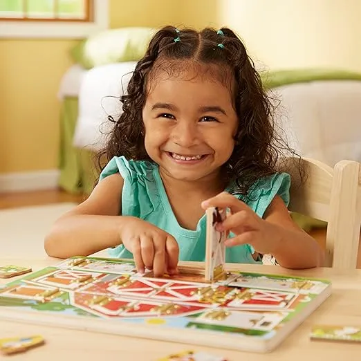 Melissa & Doug Hide and Seek Farm Wooden Activity Board With Barnyard Animal Magnets - Wooden Busy Board, Hide And Seek Puzzles, Wooden Magnet Puzzles For Toddlers And Kids Ages 3+