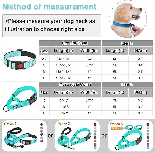haapaw 2 Packs Martingale Dog Collar with Quick Release Buckle Reflective Dog Training Collars for Small Medium Large Dogs