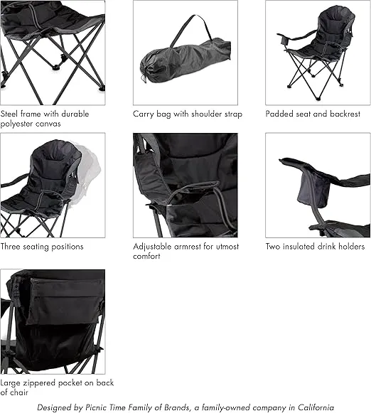 Picnic TIME Reclining Camp Chair, Beach Chair for Adults, Sports Chair with Carry Bag