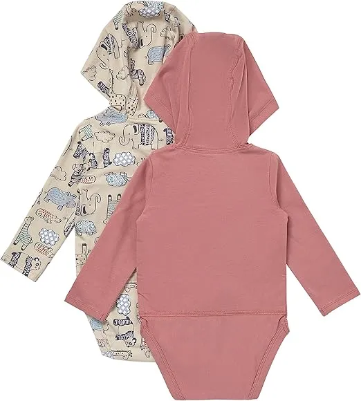 Hanes Baby Pure Comfort Organic Long Sleeve Bodysuit Hoodie, Infant Boy & Girl, 2-Pack