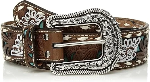 Nocona Belt Co. Women's Painted Flower Buck Turquoise Inlay Belt