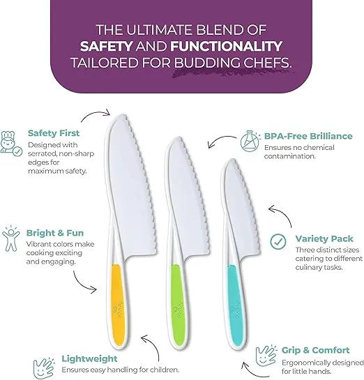 Tovla Jr. Knives for Kids 3-Piece Kitchen Cooking and Baking Knife Set: Montessori Children's Knives in 3 Sizes & Colors/Firm Grip, Serrated Edges, BPA-Free Kids' Toddler Knives (colors vary)