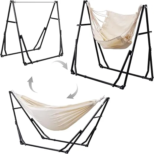 3 in 1 Hammock with Stand, Outdoor Hammock Swing Chair with Portable Heavy Duty Stand, Multi-Functional Hammock Stand 480 lbs Weight Capacity (Beige)