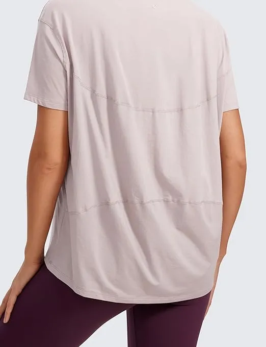 CRZ YOGA Women's Pima Cotton Short Sleeve Shirts Boat Neck Loose Fit Gym Workout T-Shirt Athletic Casual Tops