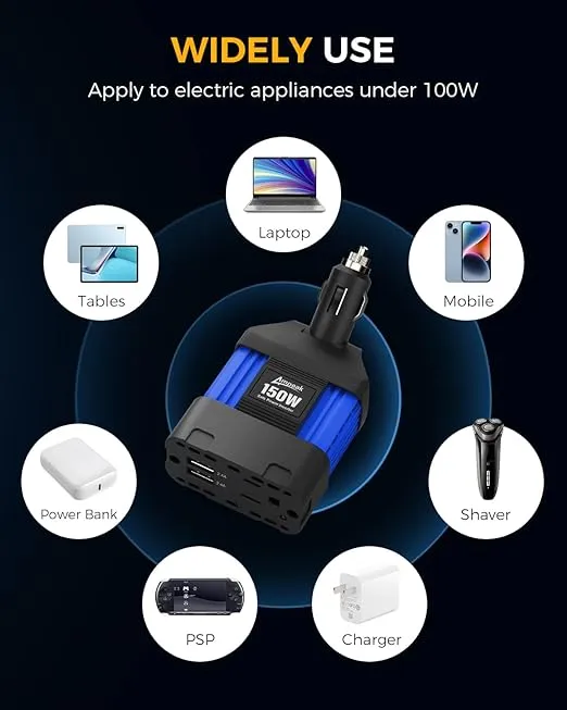 Ampeak 150W Car Power Inverter 4.8A Dual USB Ports AC Outlet Car Adapter Cordless Car Inverter 12V DC to 110V AC Car Adapter for Plug Outlet