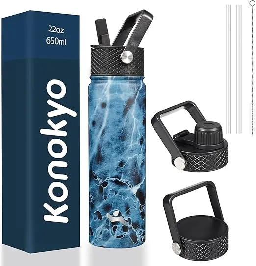 22oz Stainless Steel Water Bottles With 3 Lids Sport Insulated Water Bottle,Marble Ocean