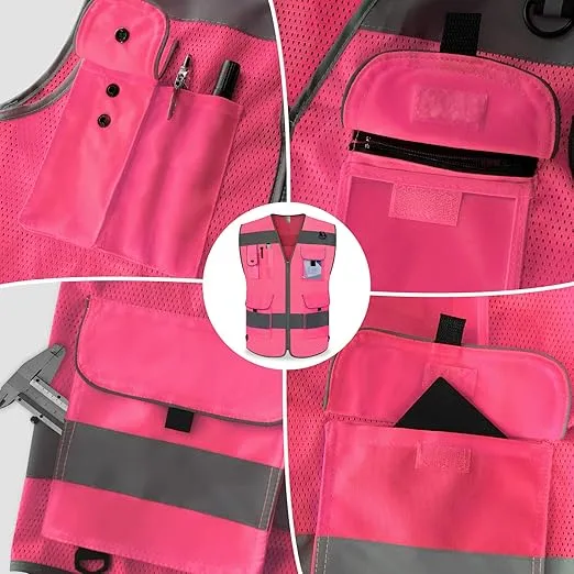 TCCFCCT Mesh Safety Vest for Men Women 9 Pockets High Visibility Reflective Vest for Safety, Work Vest with Reflective Strips, Meets ANSI/ISEA Standards, (Pink, X-Large)