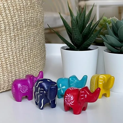 Soapstone Tiny Elephant Figurines, Handmade in Kenya, Assorted Pack of 5 Colors (KSASMELE-5PK)