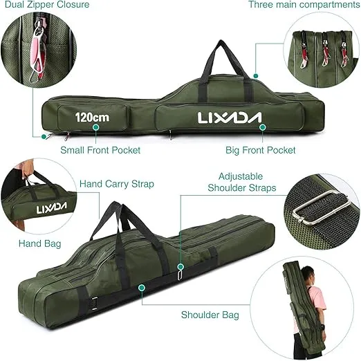 LIXADA Fishing Rod Case 3 Layers Oxford Fishing Rod Bag Portable Folding Fishing Rod Carrier Case Fishing Reel Tackle Storage Travel Bags 90cm/120cm/150cm Optional