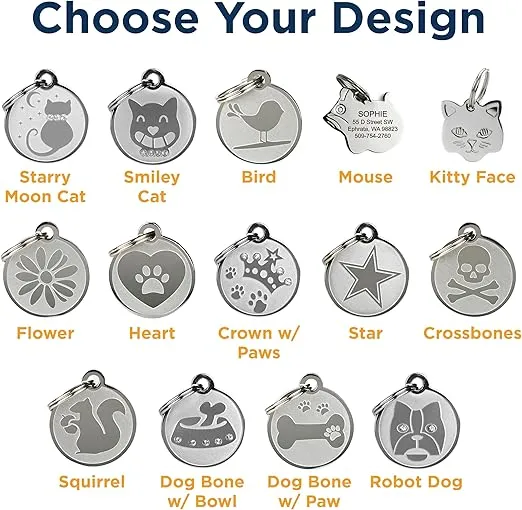 GoTags Designer Pet ID Tags in Stainless Steel for Dogs and Cats, Custom Engraved with 4 Lines of Personalized ID, Cute, Unique Pet Tags in Several Fun Designs