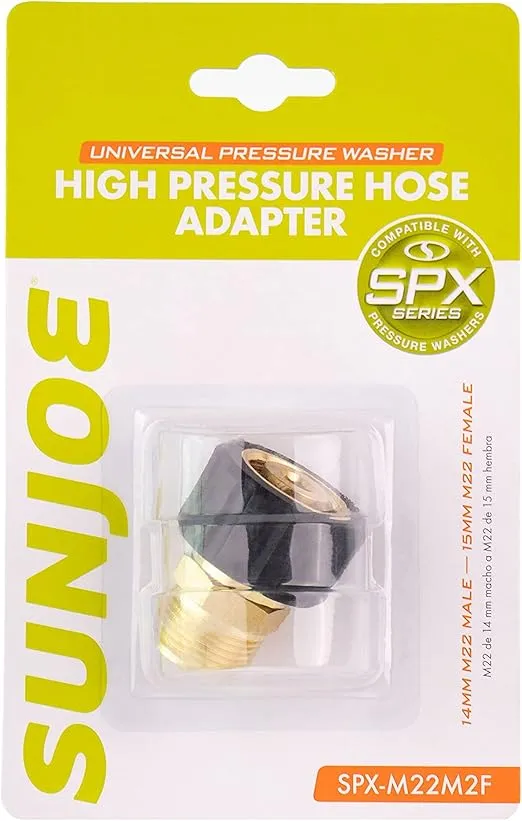 Sun Joe SPX-M22M2F 14mm Male to 15mm M22 Female High Hose Adapter, Fits SPX Series Pressure Washers for Other Accessory Brands, Brass