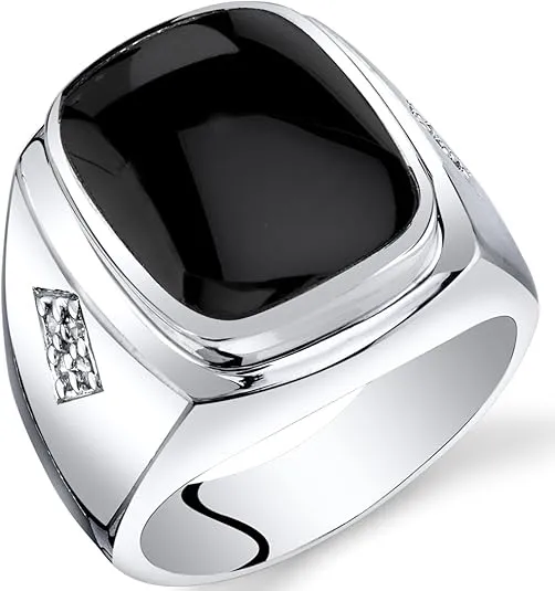 PEORA Men's Genuine Black Onyx Knight Signet Ring 925 Sterling Silver, Large 15x12mm Cushion Cut Sizes 8 to 13
