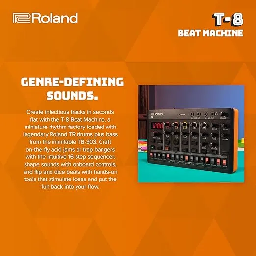Roland AIRA Compact T-8 Beat Ultra-Portable Bass Machine Sounds | TR-REC Drum Sequencer | Six Rhythm Tracks | Built-in Effects | USB and MIDI Connectivity