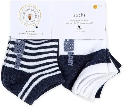 Burt's Bees Baby Unisex Baby Socks Ankle or Crew Height Made with Soft Organic Cotton, 6 Packs with Non-Slip Grips for Babies