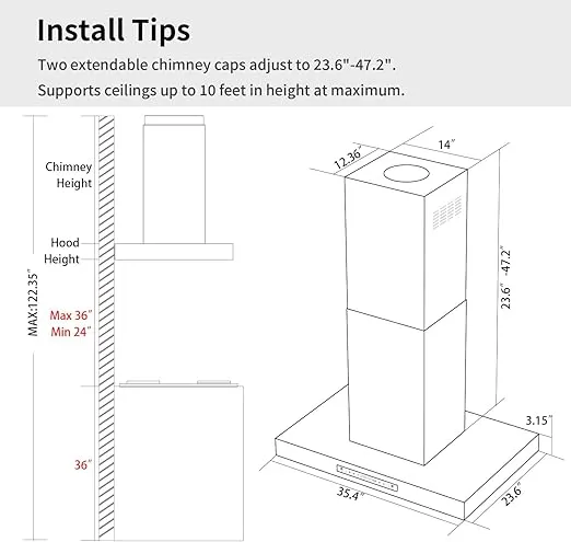 IKTCH Upgrated 36"Island Mount Range Hood, 900 CFM Ducted Range Hood with 4 Speed Fan, Stainless Steel Range Hood 36 inch with Gesture Sensing & Touch Control Making life Smarter IKIS02-36