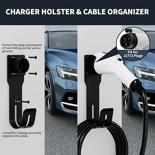 Joinfworld EV Charger Holder Wall Mount Kit EV Charger Holster Dock for SAE J1772 Connector J-Hook EV Charger Cable Holder & EV Charging Box Holder for Electric Vehicles