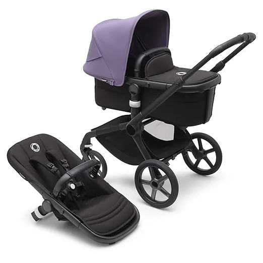 Bugaboo Fox 5 All-Terrain Stroller, 2-in-1 Baby Stroller with Full Suspension, Easy Fold, Spacious Bassinet, Extendable Toddler Seat, One-Handed Maneuverability (Midnight Black-Astro Purple)