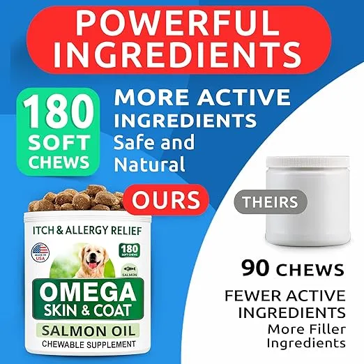 BARK&SPARK Omega 3 for Dogs - 180 Fish Oil Treats for Dog Shedding, Skin Allergy, Itch Relief, Hot Spots Treatment - Joint Health - Skin and Coat Supplement - EPA & DHA Fatty Acids - Salmon Oil