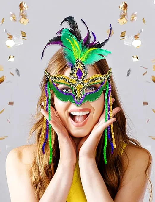 Women Mardi Gras Mask with Feathers Masquerade Mask Venetian Halloween Costumes