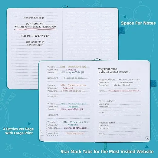 Password Keeper Book with Alphabetical Tabs, Password Notebook for Seniors, Medium Size Address Book for Internet Website Log in Detail, Password Organizer Logbook for Home Office (Turquoise)