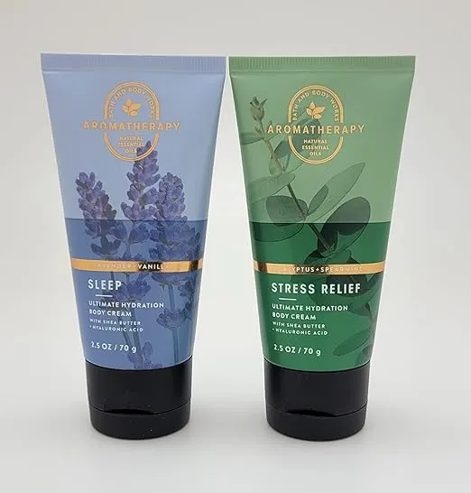 Bath & Body Works - Aromatherapy - Travel Size - 2 pc Bundle - Ultimate Hydration Body Cream - Sleep - Lavender Vanilla - 2.5 oz & Stress Relief - Eucalyptus Spearmint - 2.5 oz