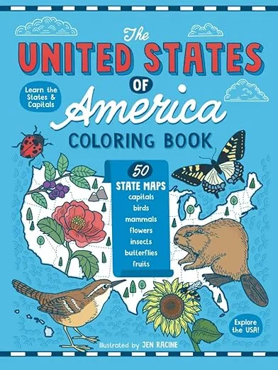 The United States of America Coloring Book: Fifty State Maps with Capitals, Symbols, Motto, State Bird, Mammal, Flower, Butterfly
