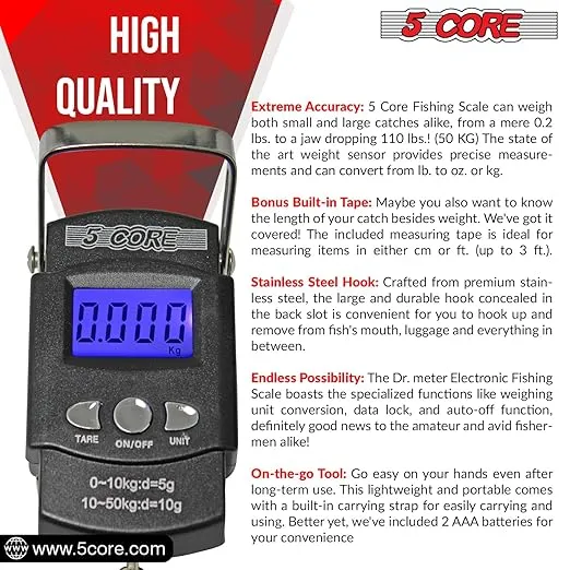 5 Core Fish Scale 110 LBS 50 KG Luggage Scales Handheld Portable Electronic Balance Digital Fishing Postal Hanging Hook Scale with Measuring Tape Backlight LCD Display LS-006