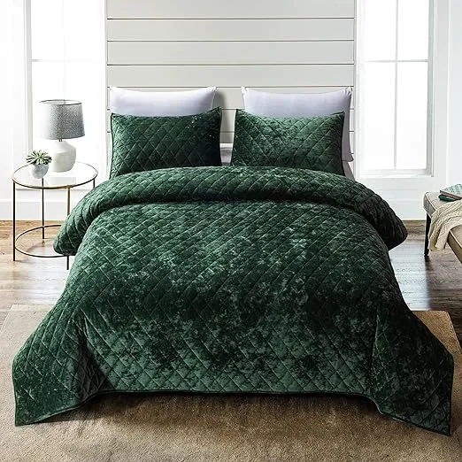 Fredsure Distressed Velvet Quilt Set, 3 Pieces Blackish Green King, Distressed Velvet Face and Brushed Microfiber Reverse with Diamond Quilting