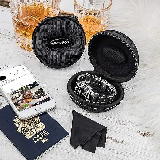 Travel Watch Case | Single Watch Box w/Zipper for Storage | Cushioned Round Portable Watch Case for Travel | Fits all Wristwatches and Smart Watches up to 50mm (Black)