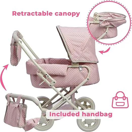 Olivia's Little World Buggy-Style Baby Doll Stroller with Retractable Canopy, Storage Underneath, Detachable Bassinet, Travel Nursery Bag, Comfortable to Push, Pink and Gray