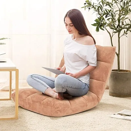Giantex Floor Chairs for Adults - Floor Gaming Chair with Back Support, Coral Velvet, 14 Adjustable Position, Thick Sponge Padding, Floor Seating Lounge for Reading, Watching TV, Meditation (Khaki)