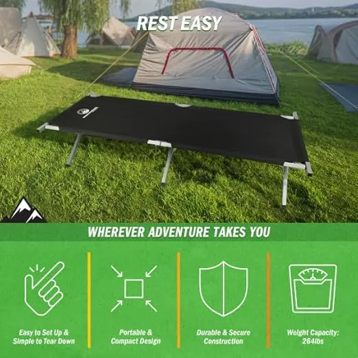 Wakeman Camping Cot - Portable Folding Bed with Carry Bag - 600D Camp Sleeping Cot for Adults with Steel Frame and Storage Pocket Outdoors (Black)