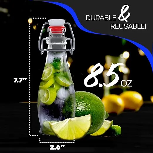 Nevlers 8.5 Oz Swing Top Glass Bottles |Set of 6 Flip Top Glass Bottle with Stopper | Glass Bottle Set Includes Brush, Funnel, Shrink Wrap & More | Kombucha Bottles |Teardrop Glass Bottles with Lids