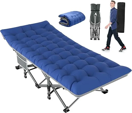 Slendor Folding Camping Cot with Mattress for Adults,74”L x 28”W x 15”H, Portable Sleeping Cot Bed for Tent, Office, Camping, Outdoor, Striated Gray Cot,Gray+Blue Pad,500lbs Load