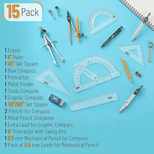 Mr. Pen Geometry Set with 6 Inch Swing Arm Protractor, Divider, Set Squares, Ruler, Compasses and Protractor, 15 Piece Set