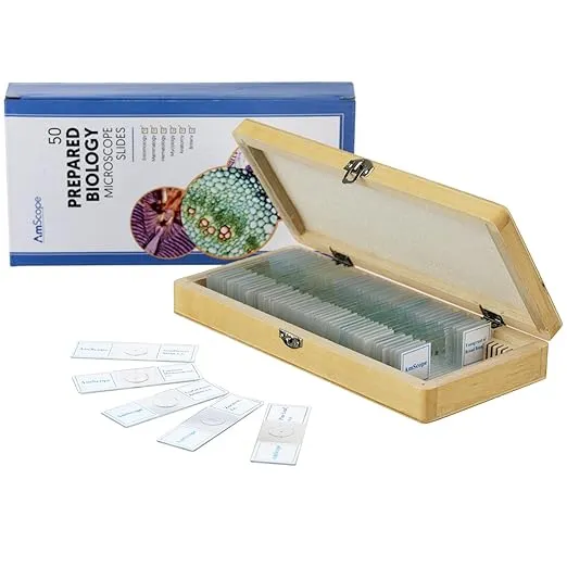 AmScope PS50A Prepared Microscope Slide Set for Basic Biological Science Education, 50 Biology and Pathology Slides, Includes Fitted Wooden Case