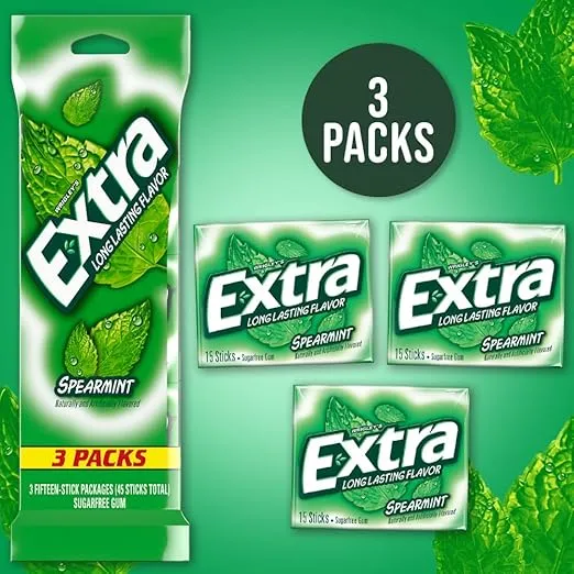 EXTRA Spearmint Sugar Free Chewing Gum, 3 Packs of 15 Pieces (45 Total Pieces)