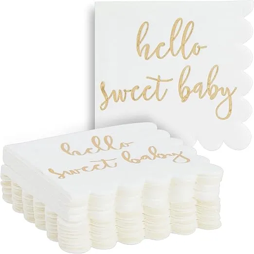 Juvale 50 Pack White Scalloped Baby Shower Napkins for Girls and Boys, Gold Foil Hello Sweet Baby Decorations (5 x 5 In)