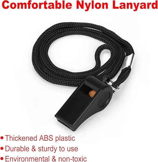 Fya Plastic Whistle with Lanyard, Loud Clear Black Whistles Bulk Great for Coaches, Referees, and Officials