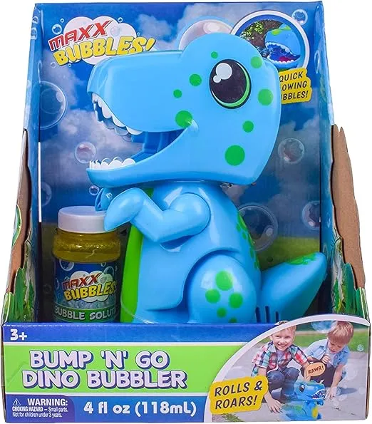 Maxx Bubbles Bump N' Go Bubble Dino | Bubble Machine for Kids with Lights Sounds and Movement | Bubble Solution Included - Sunny Days Entertainment, Blue